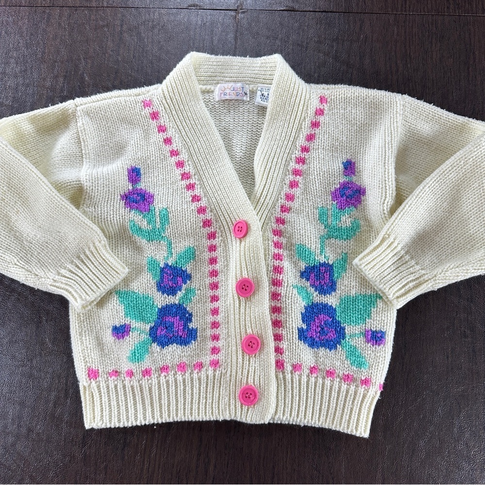 Just Friends Cream Knit Floral Cardigan Sweater with Pink Buttons Sz 8